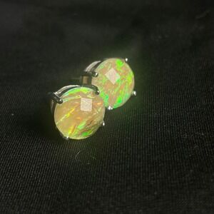 Glimmering Opal Stud Earrings Silver Tone Gemstone Jewelry Women